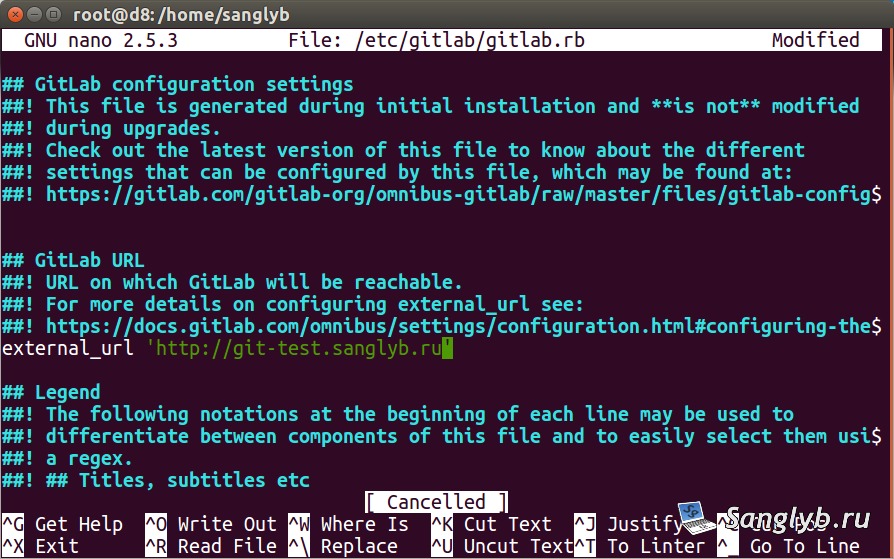 Изменяем доменное имя сервера gitlab